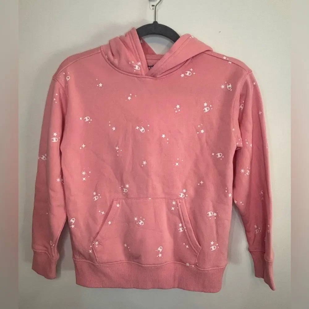 Champion EUC girls pink star/logo design hooded sweatshirt Size medium